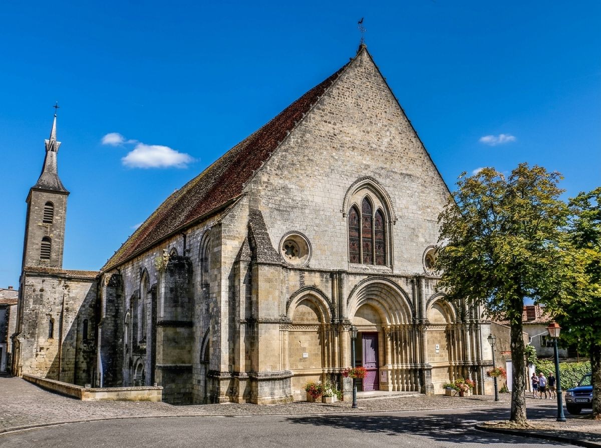 Abbatiale de Guîtres : église romane à large pignon, portail à voussures et clocher d’ardoise sur la place du village.