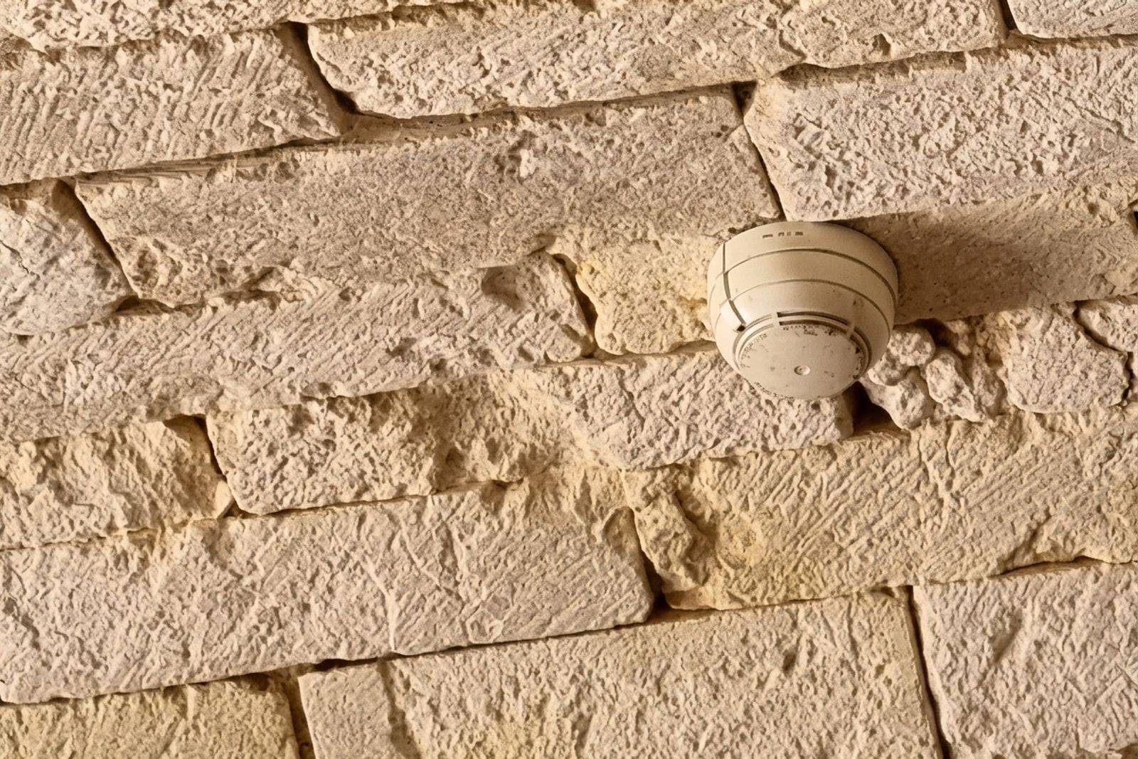 Détecteur automatique d’incendie posé entre les moellons calcaires d’une salle voûtée de l’abbaye de Sablonceaux.