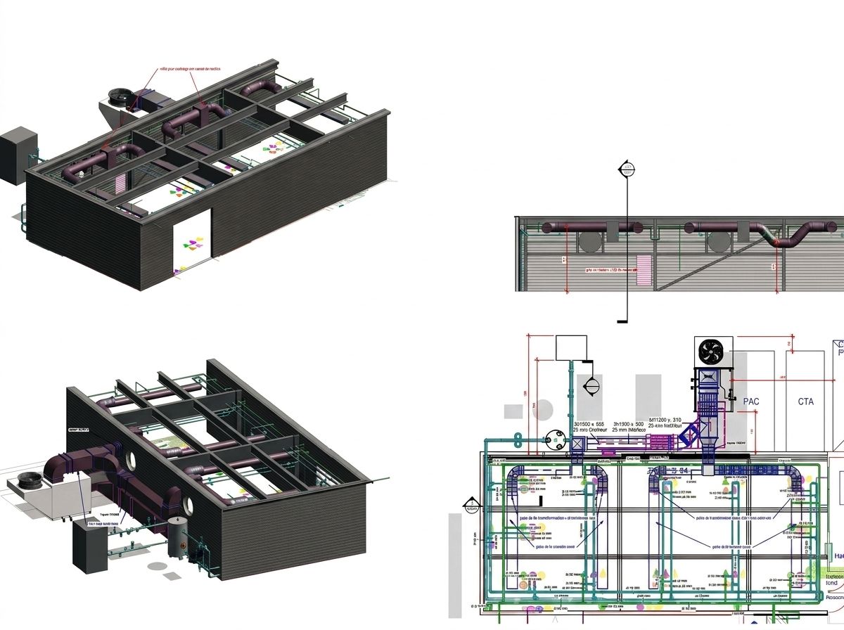 Maquette numérique d’une halle de Carl Zeiss Meditec à Périgny : réseaux de ventilation en toiture et schéma des équipements de traitement d’air.