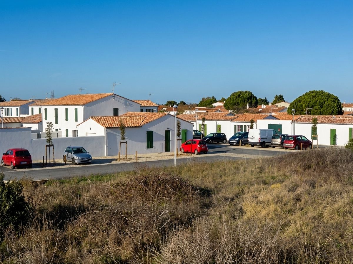 Lotissement La Maladrerie : maisons blanches à volets verts sous tuiles canal, jeunes arbres tuteurés.