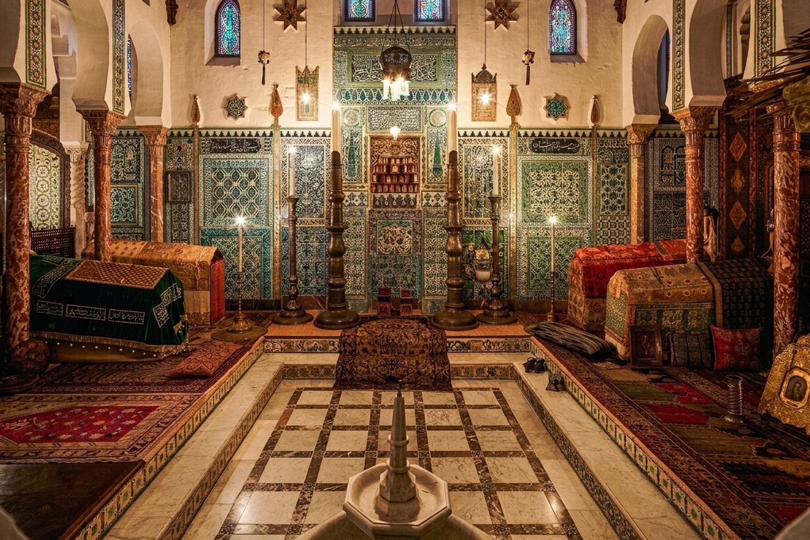Salle orientale de la maison de Pierre Loti à Rochefort : céramiques murales, chandeliers, tapis et fontaine sous les vitraux.