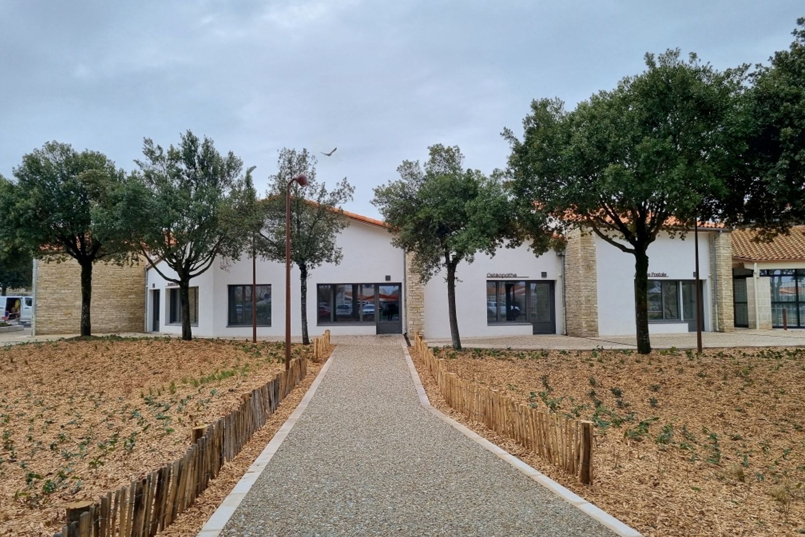 Place des Chênes Verts à Saint-Rogatien : bâtiment de commerces et de services en enduit blanc et pierre, allée entre les chênes verts.