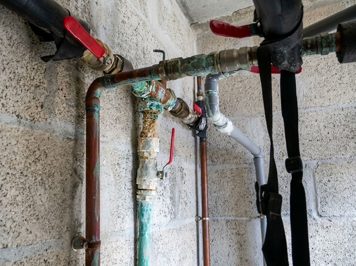 Réseaux cuivre anciens et vannes quart de tour relevés avant reprise dans un local technique existant.