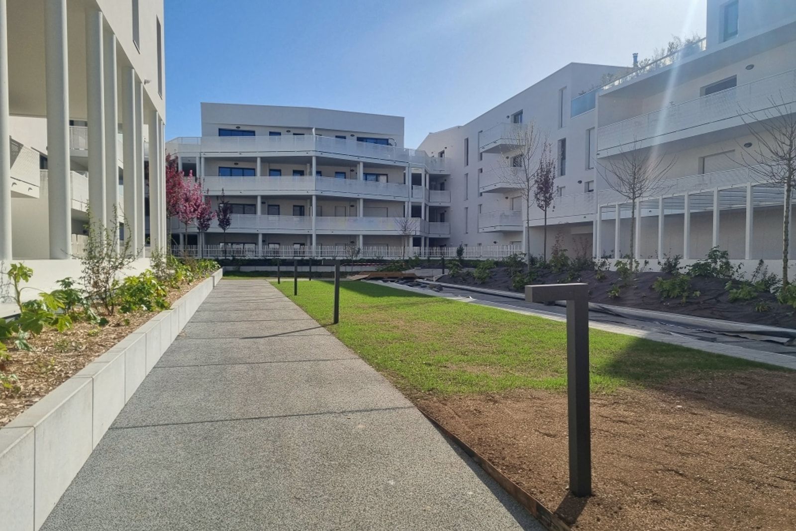 Cœur d’îlot de la résidence Aurora, quartier de Rompsay à La Rochelle : allée plantée entre des façades blanches à loggias.