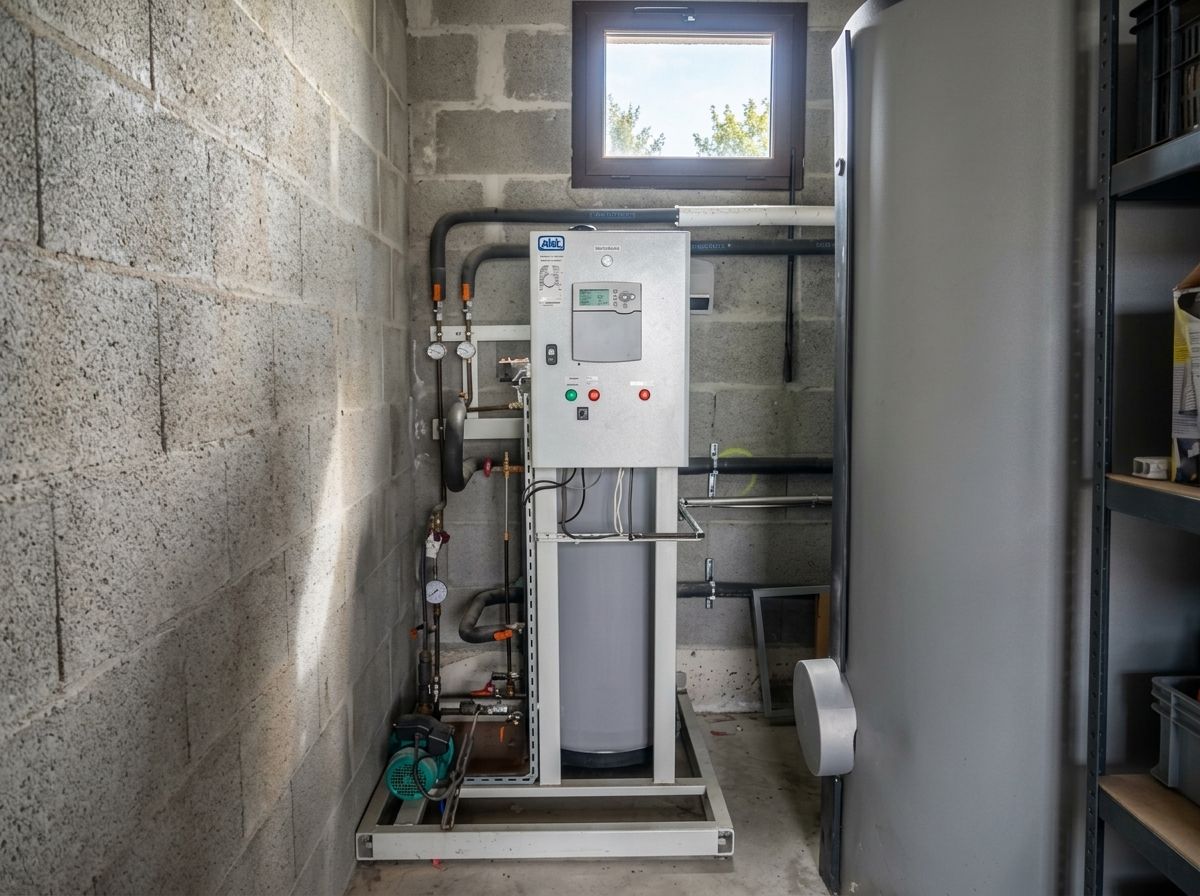 Sous-station de chauffage : module hydraulique sur châssis, régulation en façade et ballon de stockage dans un petit local.